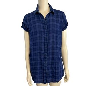 Forever 21 Blue‎ Plaid Short Sleeve Cuff Button Shirt Womens Small.